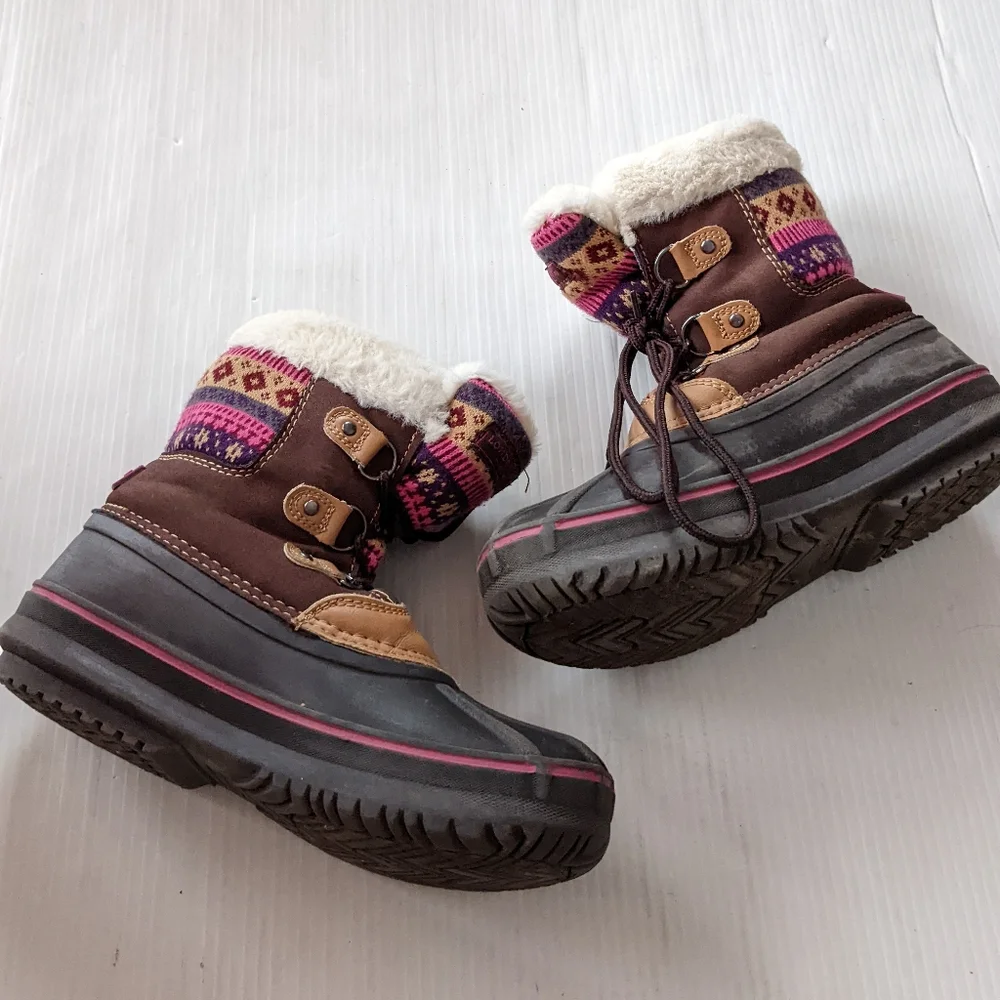LONDON FOG Tottenham fair isle sweater knit brown suede fur lined lace-up boots